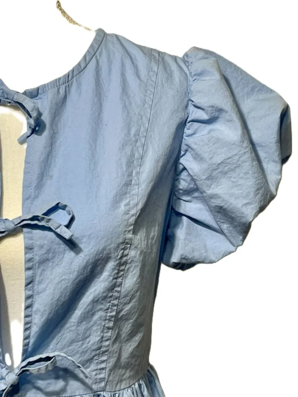 Sim & Sam Light Blue Dress, 100% Cotton, Puff Sleeves, Top Ties into Bowes Sz L
